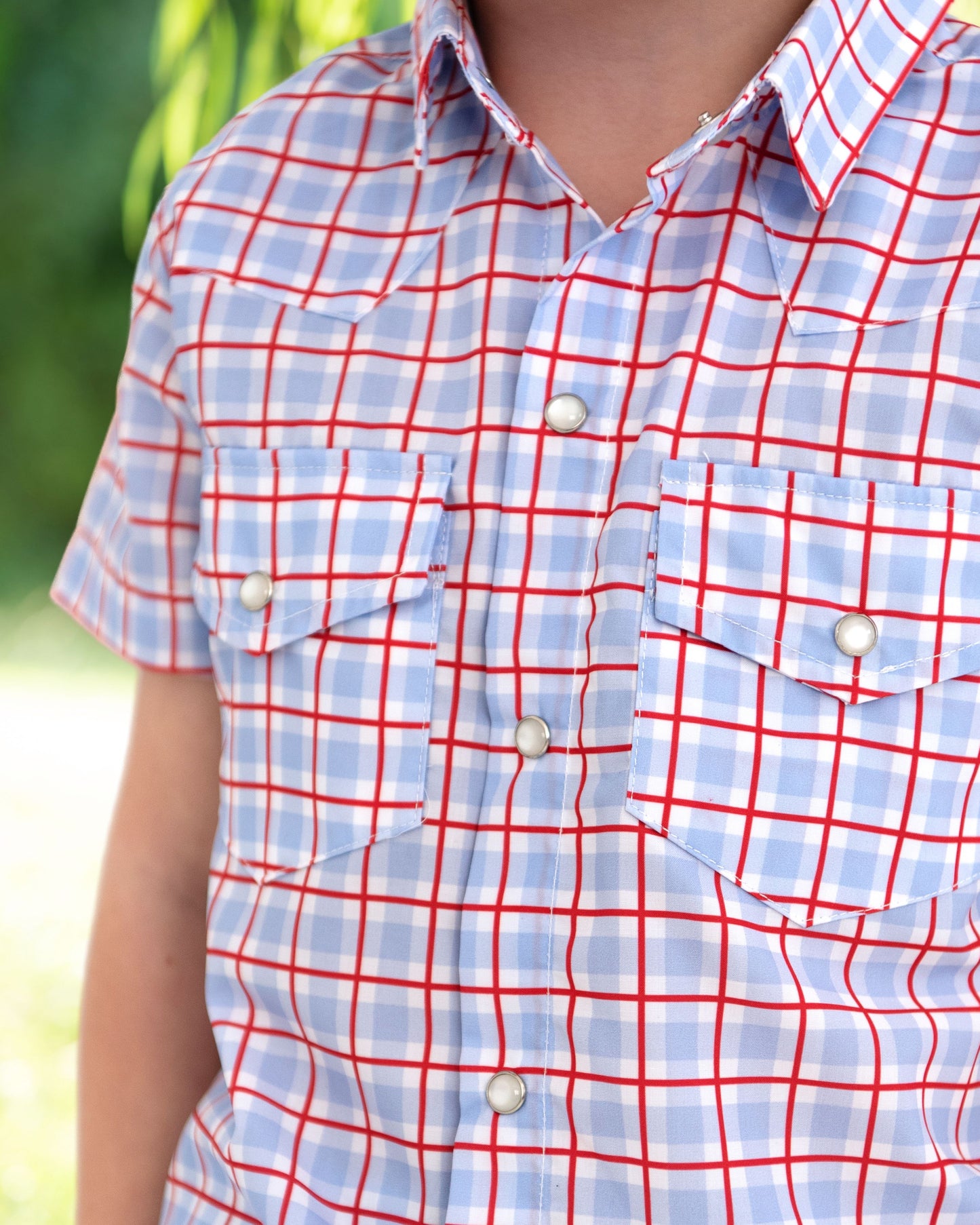 Red And Blue Plaid Pearl Snap Button Down Shirt