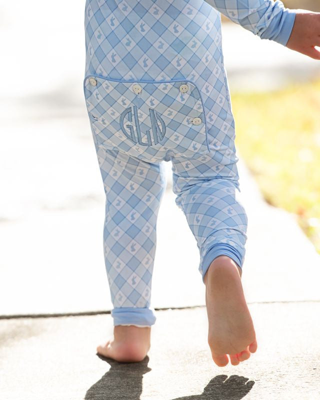 Blue Check Bunny And Bow Knit Zipper Pajamas