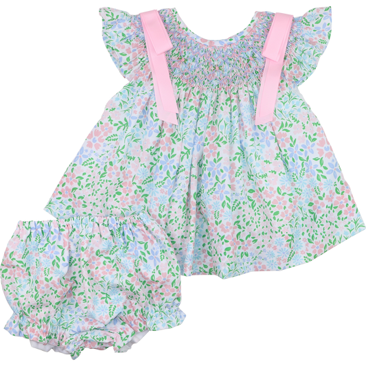 Floral Smocked Bow Diaper Set