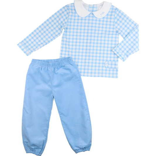 Blue And White Plaid Ankle Pant Set