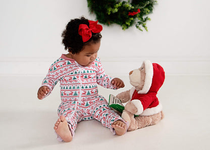 Red And Green Holiday Print Ruffle Knit Zipper Pajamas