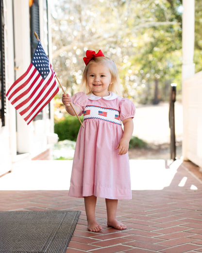 Red Gingham Smocked Flags Dress