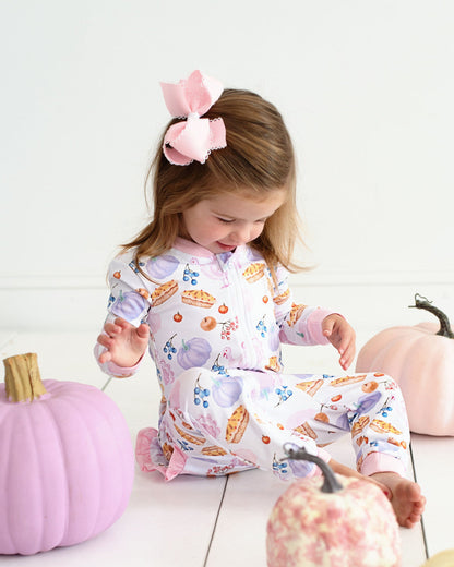 Pink Thanksgiving Print Knit Zipper Pajamas